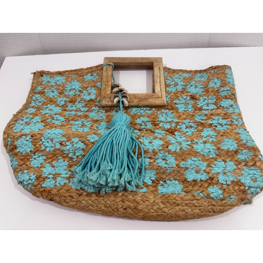 Twig & Arrow Boho Woven Jute Hand Painted Turquoise Tote Bag